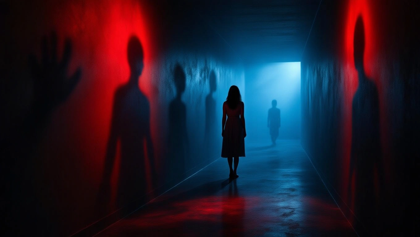 Egy sötét folyosón álló nő, mögötte árnyak és kék-piros fények.