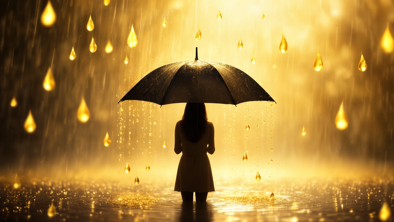 Egy nő áll egy fekete esernyő alatt, aranyszínű esőcseppek hullanak.