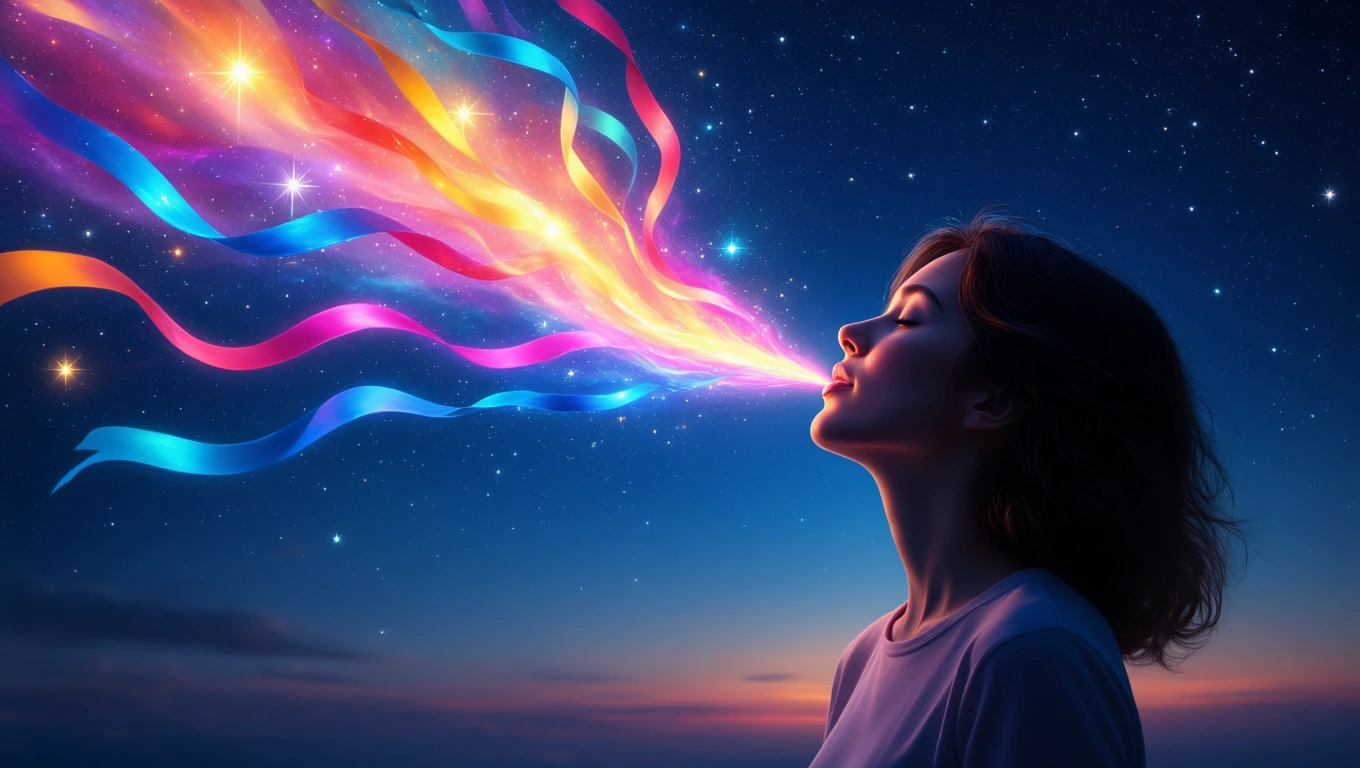 Mit jelent hányásról álmodni? – Részletes álomfejtés és értelmezés Egy nő arca, színes szalagok és csillagok között, érzelmi kifejezés.