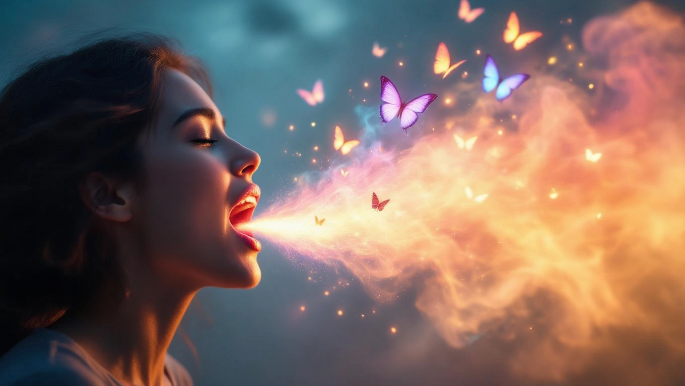 Mit jelent hányásról álmodni? – Részletes álomfejtés és értelmezés Egy nő szájából színes pillangók és füst áramlik, érzelmi kifejezés.