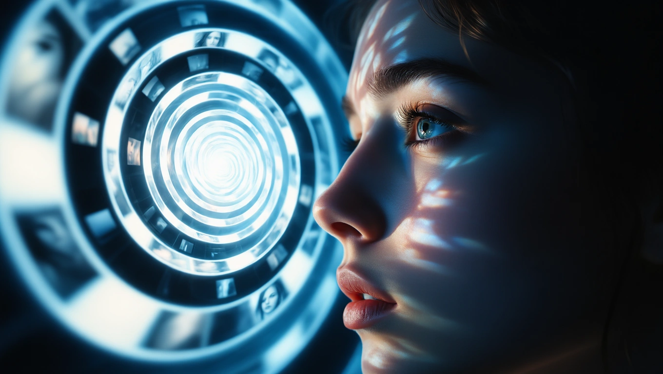 Mit jelent filmtekercsről álmodni? – Részletes álomfejtés és értelmezés Egy nő arca, amelyen filmtekercsek és fények tükröződnek, mély gondolatokkal.