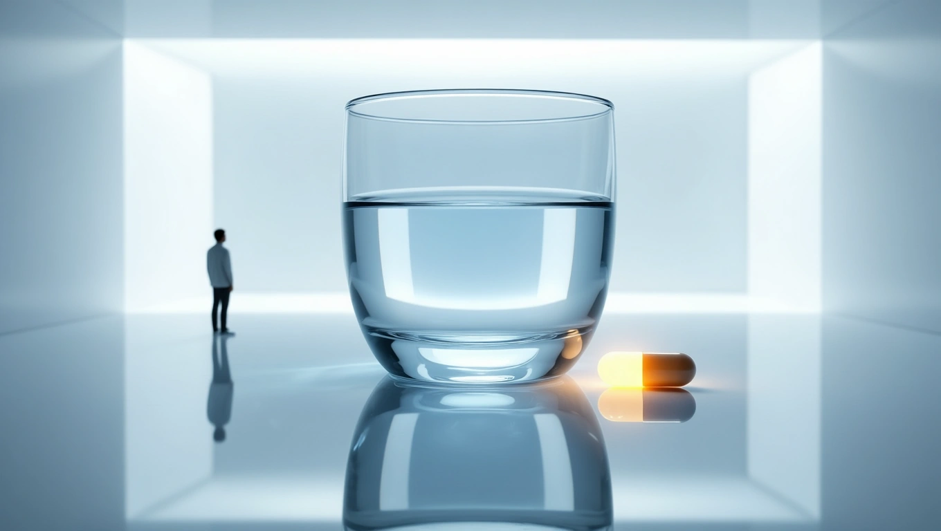 Mit jelent gyógyszerekkel álmodni? – Részletes álomfejtés és értelmezés Egy vízzel teli pohár és egy gyógyszer kapszula, háttérben egy emberi alak.