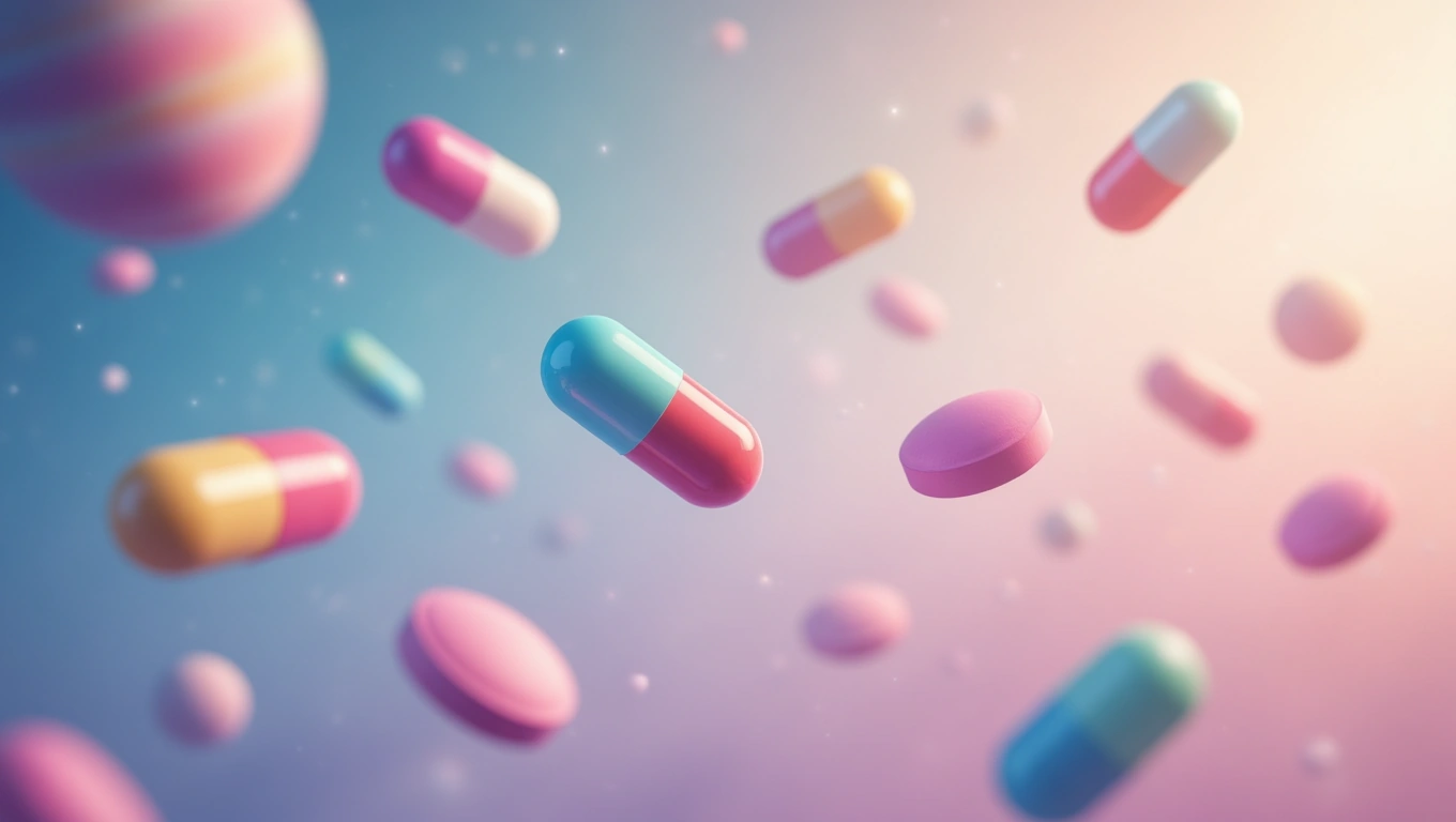 Mit jelent gyógyszerekkel álmodni? – Részletes álomfejtés és értelmezés Színes gyógyszerek lebegnek egy lágy háttér előtt, szimbolizálva az álmokban megjelenő gyógyszereket.