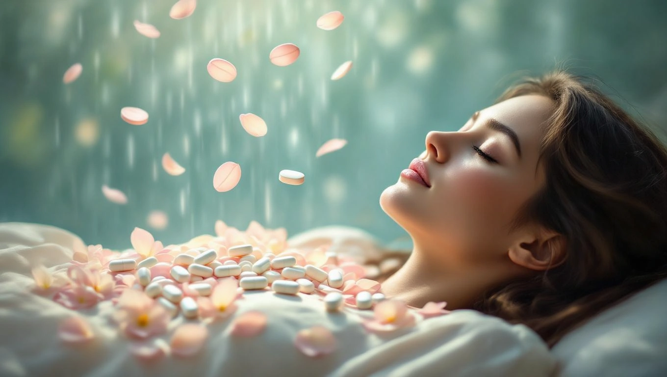 Mit jelent gyógyszerekkel álmodni? – Részletes álomfejtés és értelmezés Egy fiatal nő álmodik, körülötte gyógyszerek és virágszirmok lebegnek.