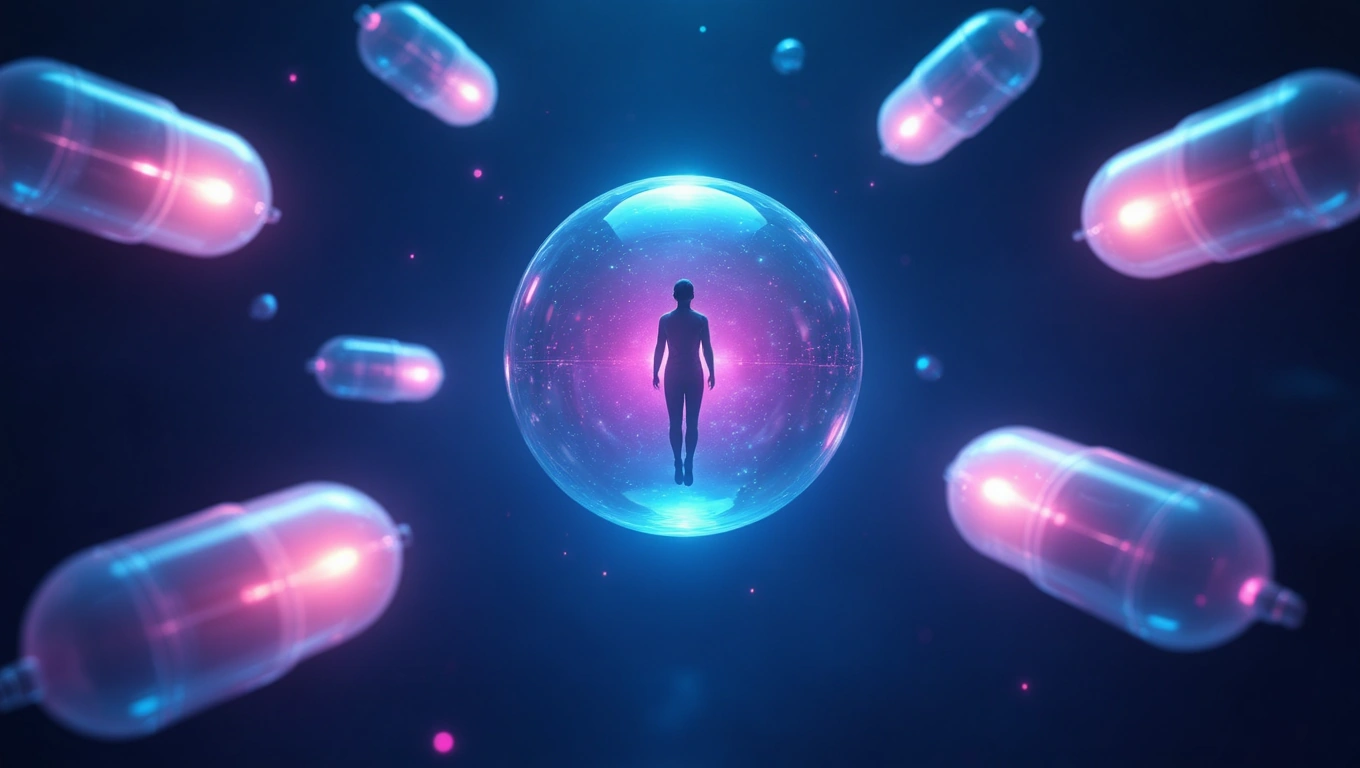 Mit jelent gyógyszerekkel álmodni? – Részletes álomfejtés és értelmezés Egy emberi alak lebeg egy fényes buborékban, körülötte gyógyszerek láthatók.