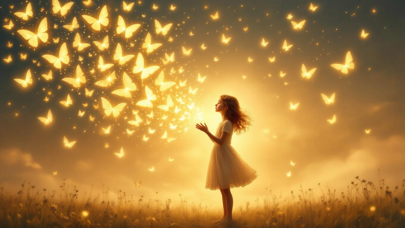 Mit jelent csajokkal álmodni? – Részletes álomfejtés és értelmezés Egy kislány áll a mezőn, aranyszínű pillangók repkednek körülötte.