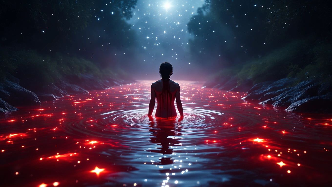 Mit jelent saját vérről álmodni? – Részletes álomfejtés és értelmezés Egy nő áll egy vörös folyóban, csillagokkal teli éjszakai háttér előtt.
