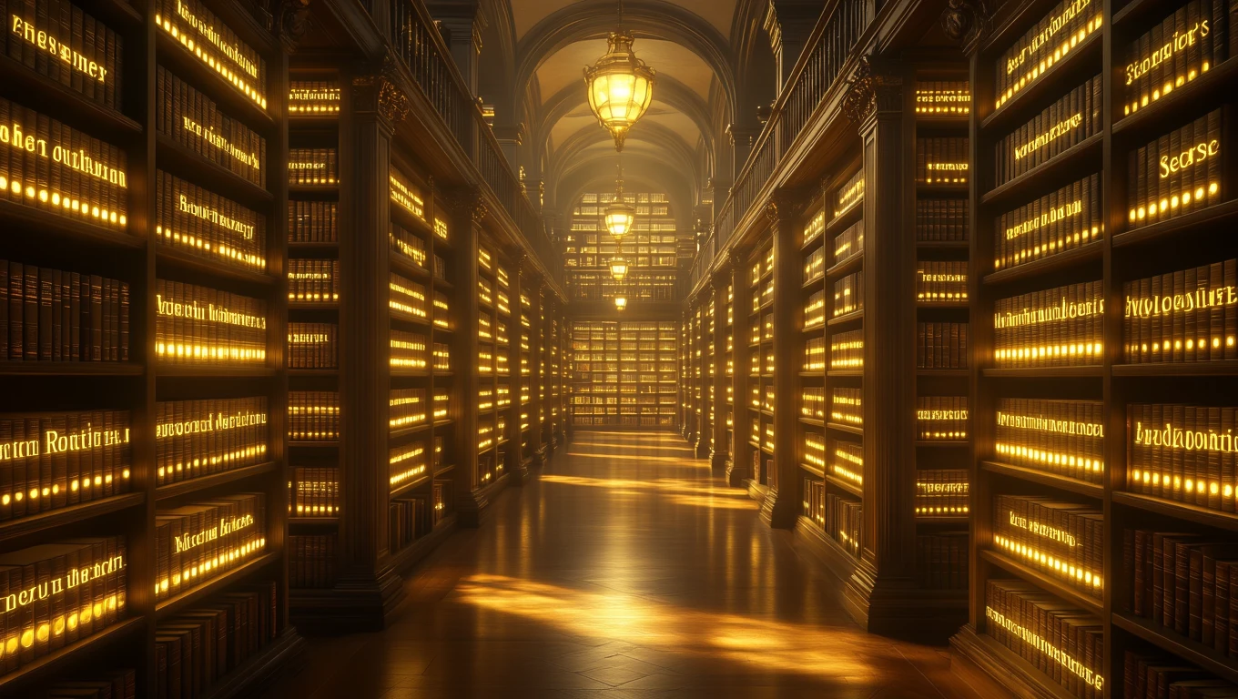 Mit jelent kombinációval álmodni? – Részletes álomfejtés és értelmezés Egy könyvtár belső tere, ahol aranyszínű fények világítanak a polcokon.