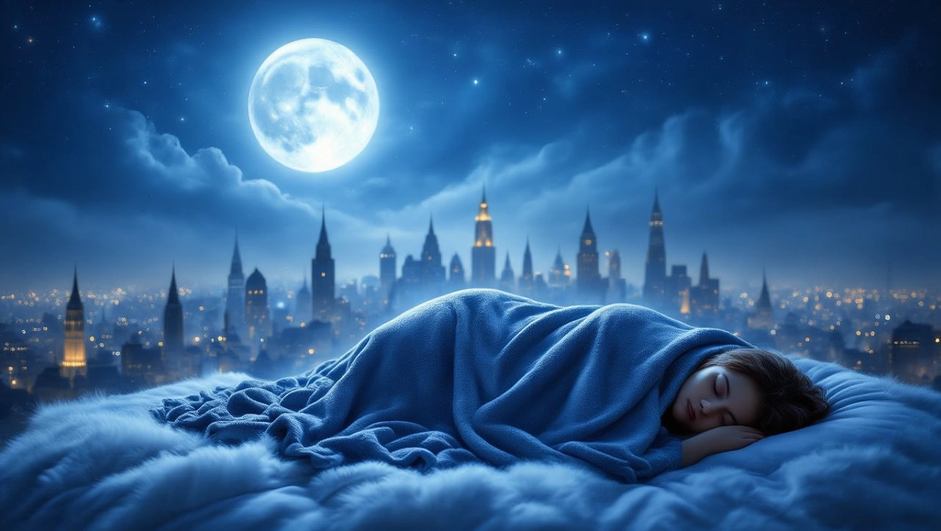 Egy nő álmodik, takaróba burkolózva, a város fényei alatt.