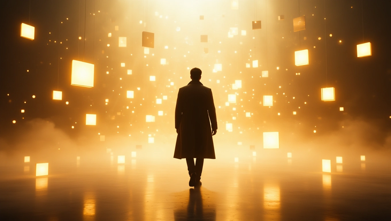 Mit jelent zsebtolvajjal álmodni? – Részletes álomfejtés és értelmezés Egy férfi háttal áll egy fényes, lebegő négyzetekkel teli térben.