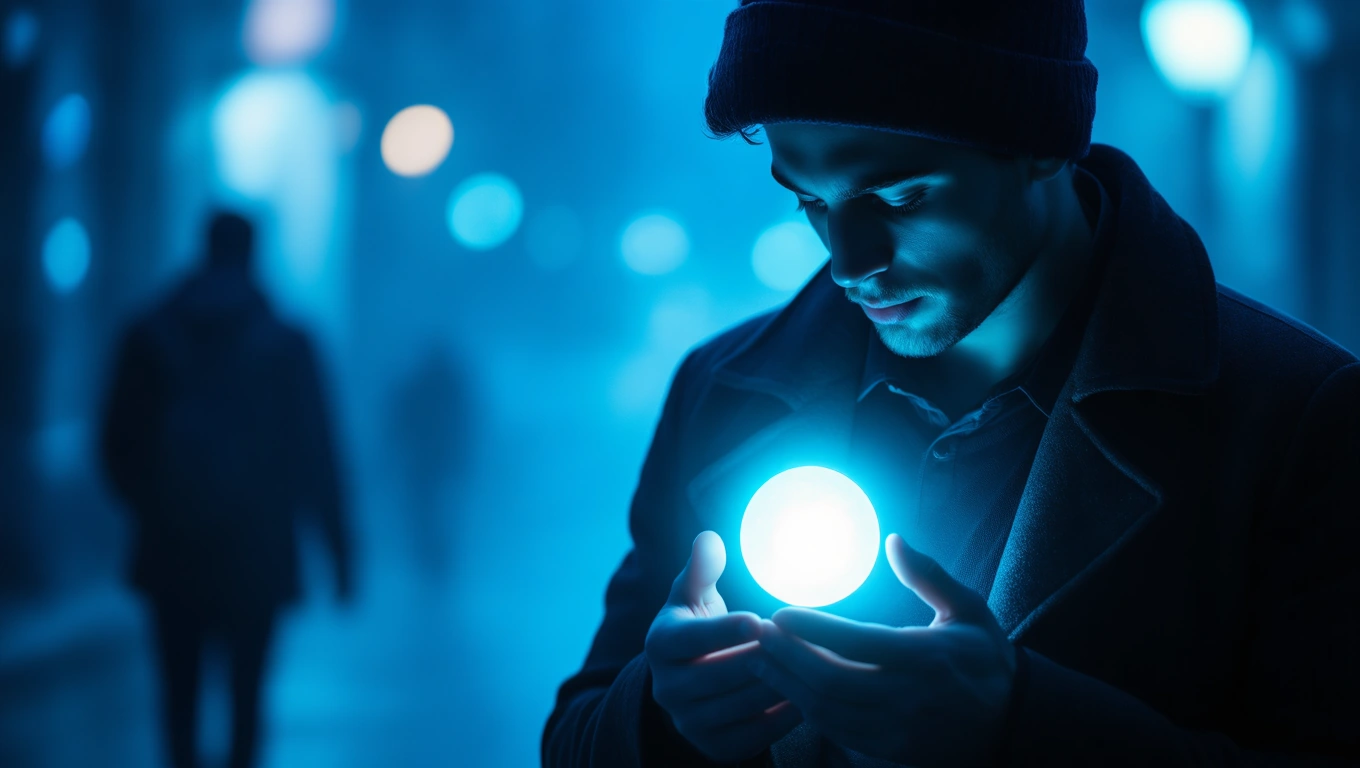 Mit jelent zsebtolvajjal álmodni? – Részletes álomfejtés és értelmezés Egy férfi sötétben, kék fényben egy világító gömböt tart a kezében.