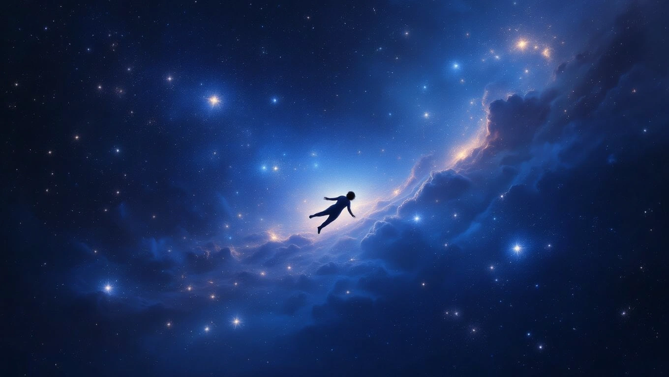 Mit jelent bukásról álmodni? – Részletes álomfejtés és értelmezés Egy ember lebeg a csillagok között, a sötét űrben, álomszerű környezetben.