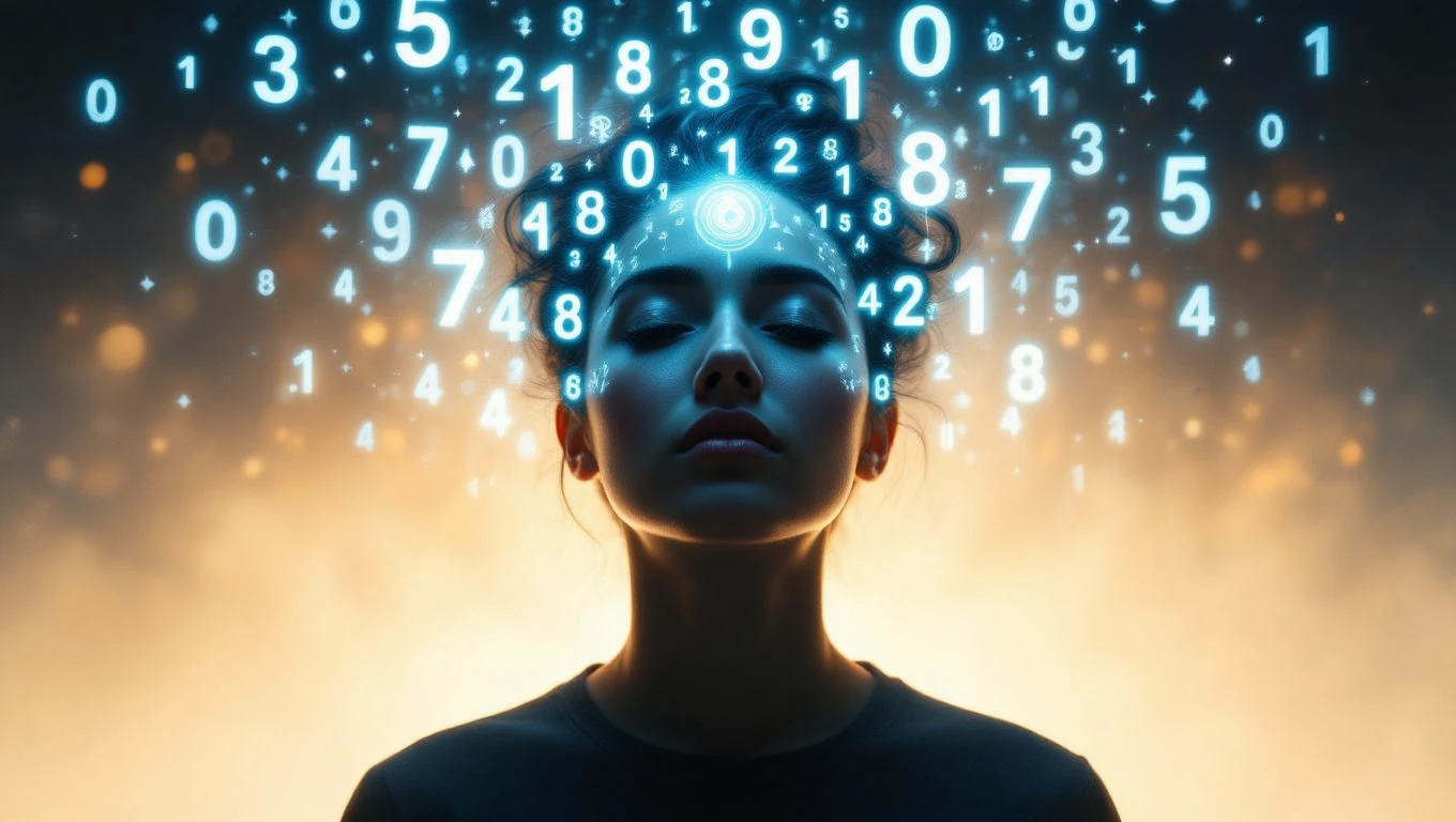 Mit jelent kombinációval álmodni? – Részletes álomfejtés és értelmezés Egy nő arca előtt lebegő számok, amelyek álomfejtésre utalnak.