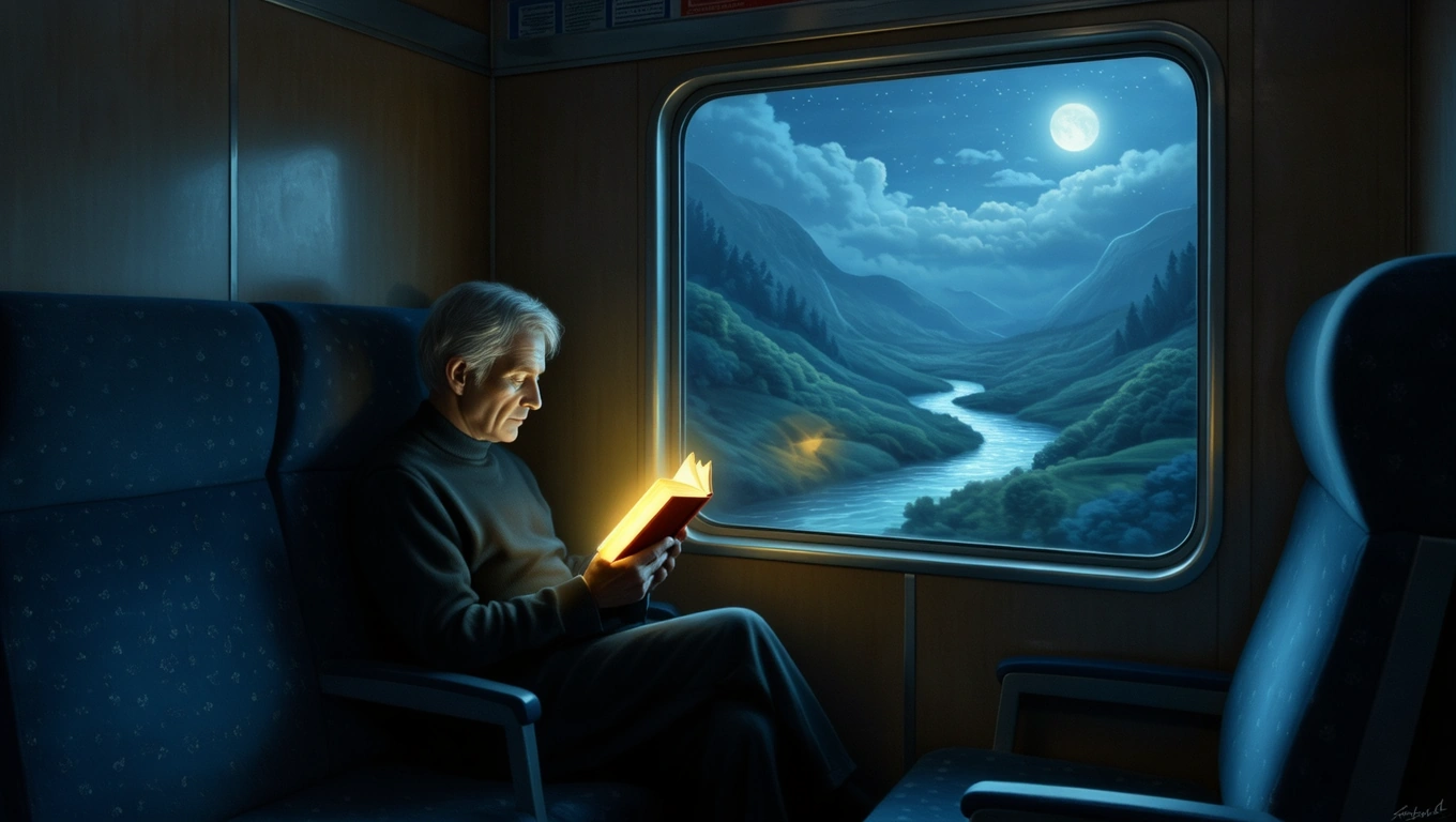 Mit jelent vendéggel álmodni? – Részletes álomfejtés és értelmezés Egy férfi olvas egy könyvet a vonaton, a táj gyönyörű és holdfényes.