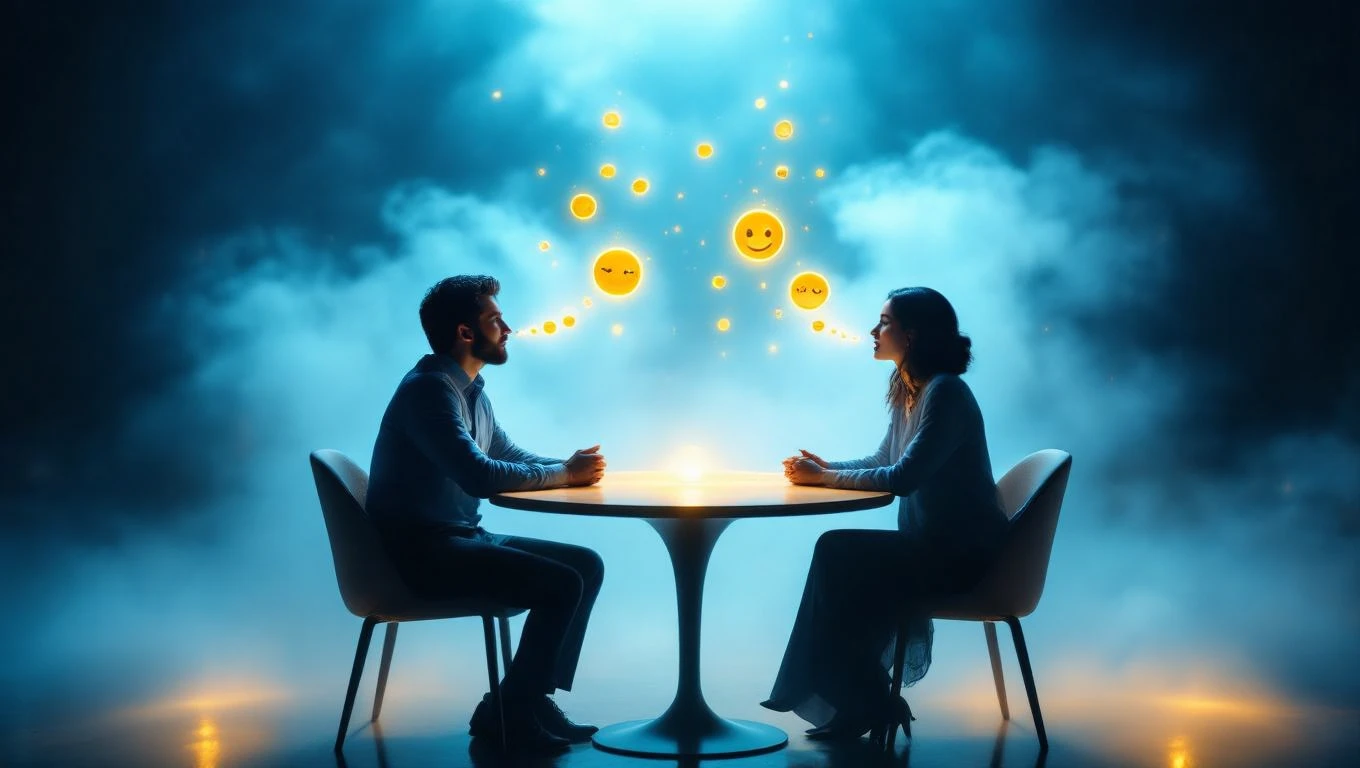 Mit jelent vitával álmodni? – Részletes álomfejtés és értelmezés Két ember ül egy asztalnál, vitatkoznak, érzelmeket kifejező ikonok lebegnek körülöttük.