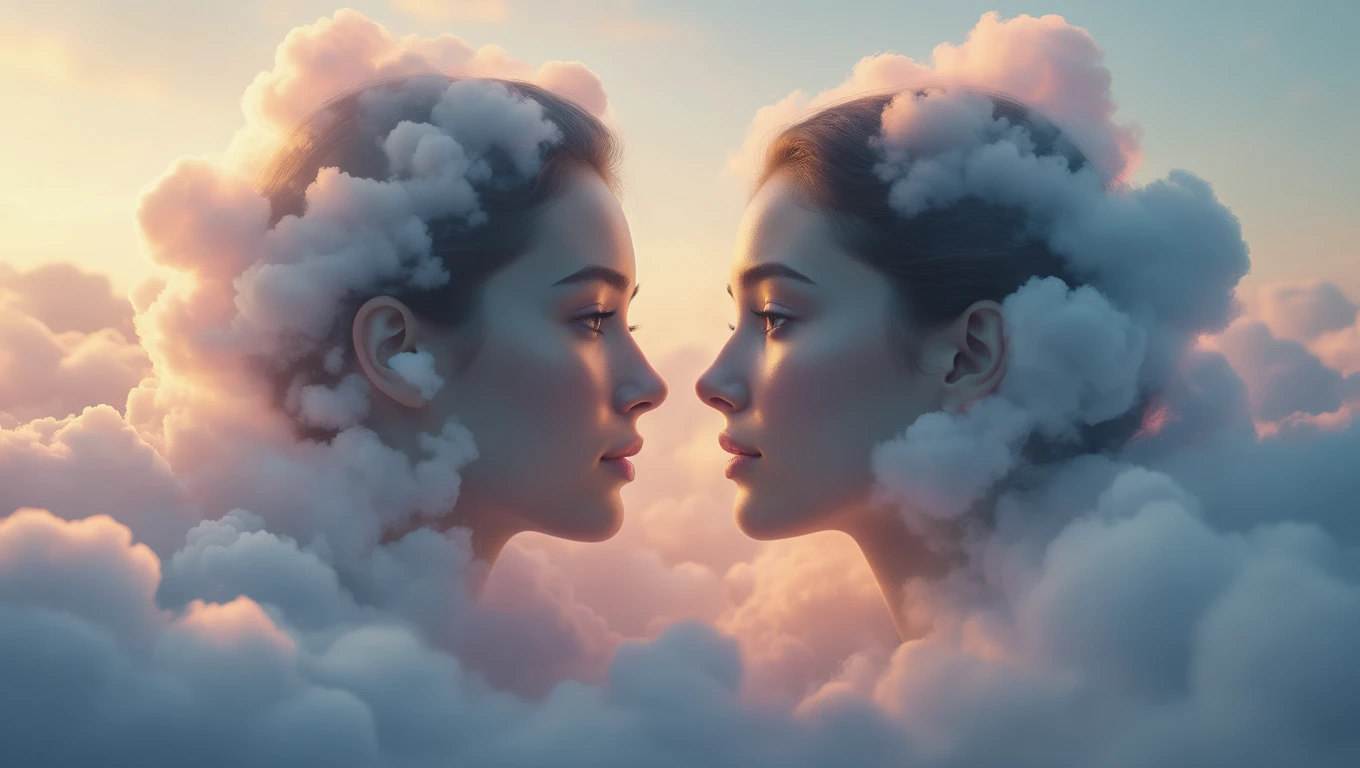 Mit jelent vitával álmodni? – Részletes álomfejtés és értelmezés Két női arc néz egymásra, felhők között, álomszerű háttérben.