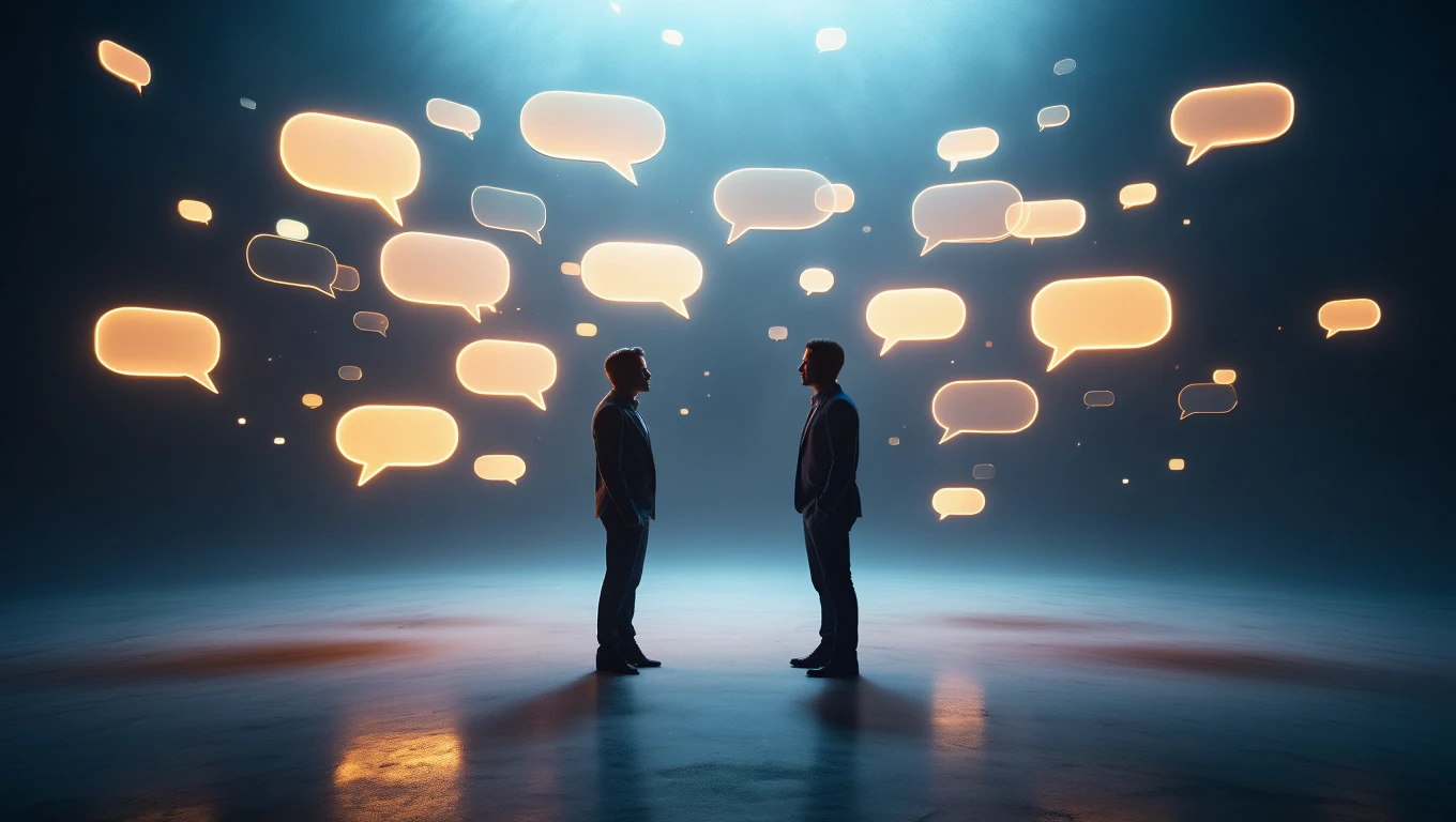 Mit jelent vitával álmodni? – Részletes álomfejtés és értelmezés Két férfi áll egymással szemben, beszélgetés buborékok lebegnek körülöttük.