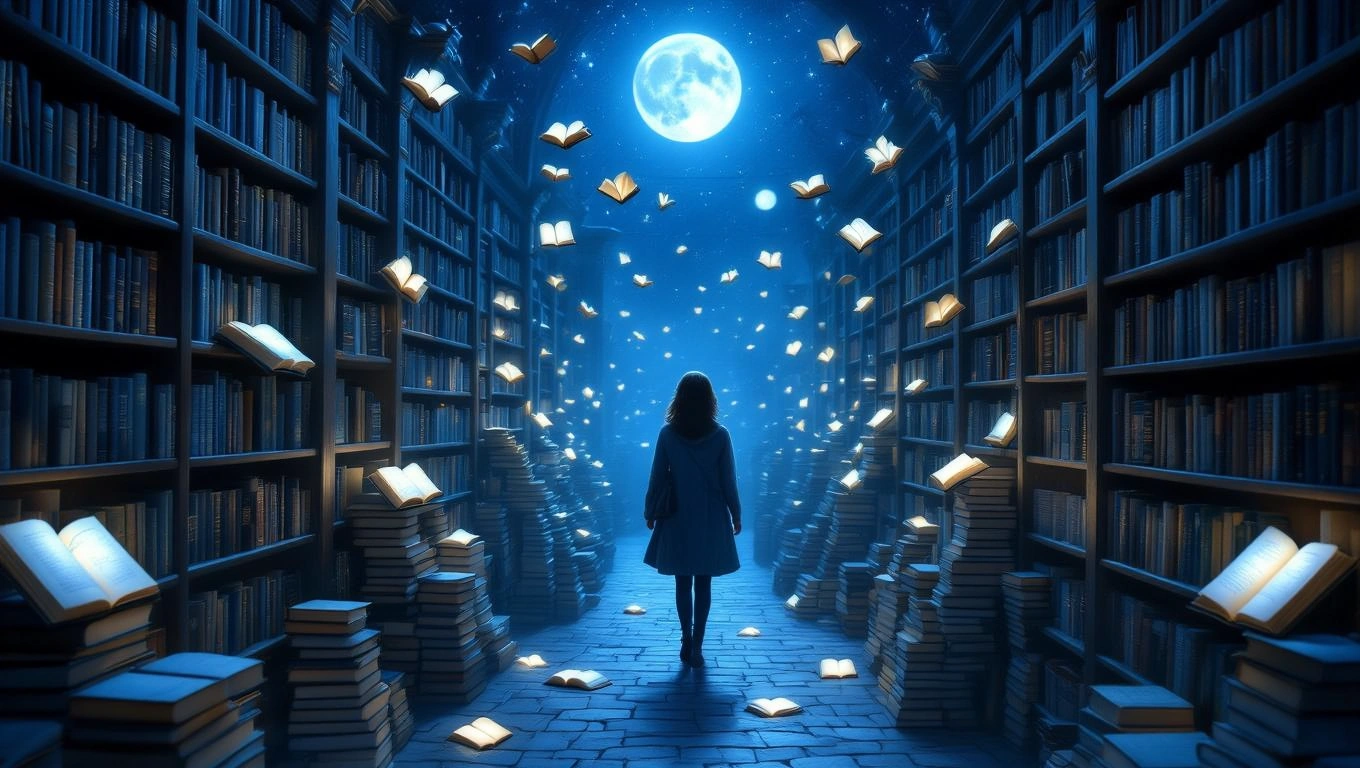 Mit jelent boltról álmodni? – Online álomfejtés és értelmezés Egy álombeli könyvtár, ahol lebegő könyvek és egy lány áll a középpontban.