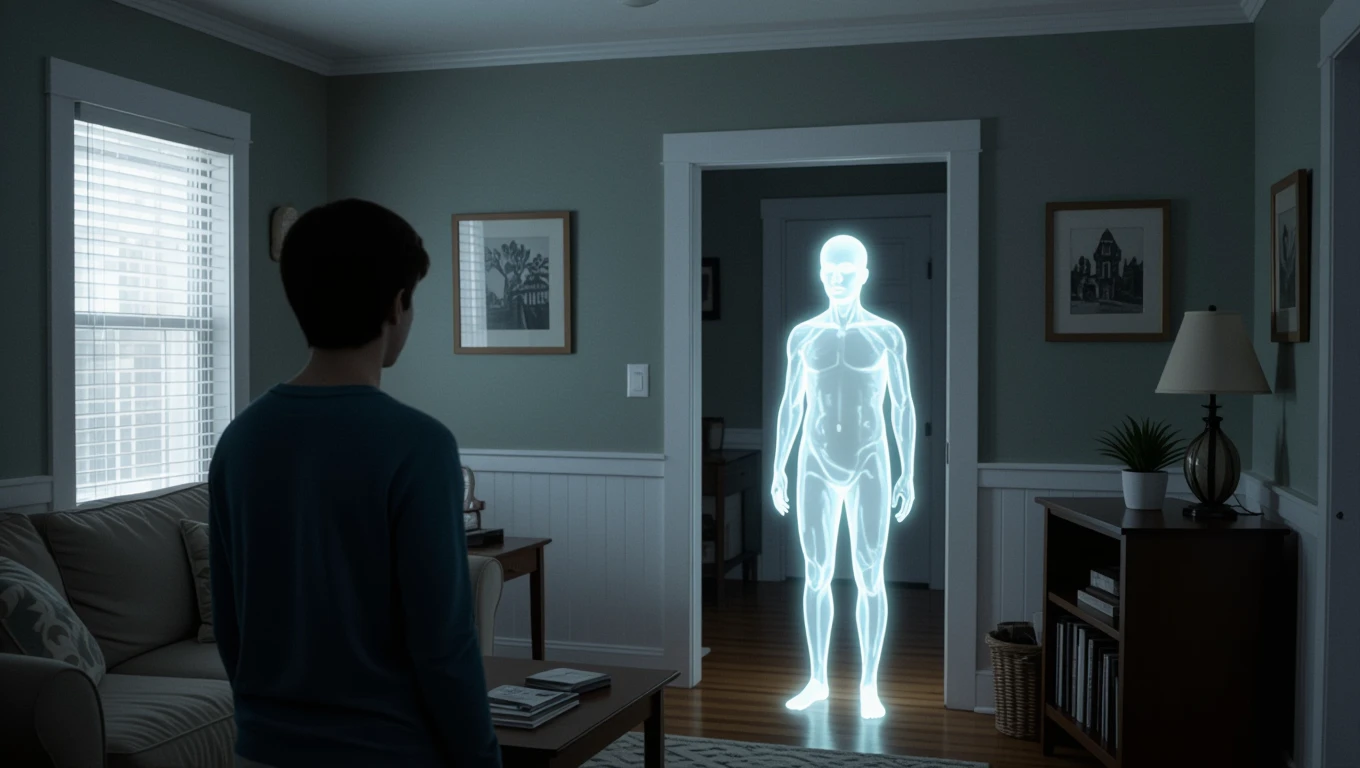 Mit jelent albérlőről álmodni? – Részletes álomfejtés és értelmezés Egy fiatal fiú áll a nappaliban, szemben egy áttetsző, holografikus albérlővel.