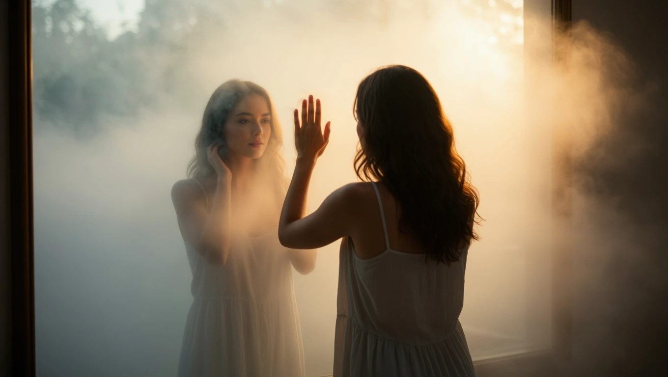 Mit jelent arcbőrrel álmodni? – Részletes álomfejtés és értelmezés Egy nő néz a tükörbe, miközben köd veszi körül, introspektív pillanatban.