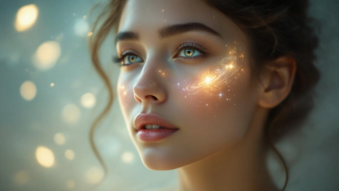 Egy nő arca, amelyen csillagok és fények játszanak, álomszerű hatást kelt.