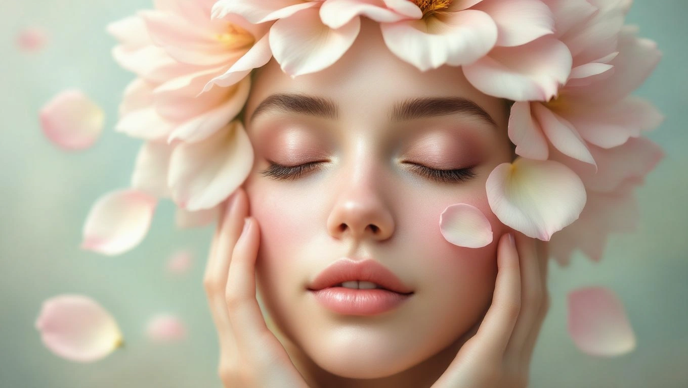 Mit jelent arcbőrrel álmodni? – Részletes álomfejtés és értelmezés Egy nő arca virágokkal díszítve, lágy fényben, békés kifejezéssel.