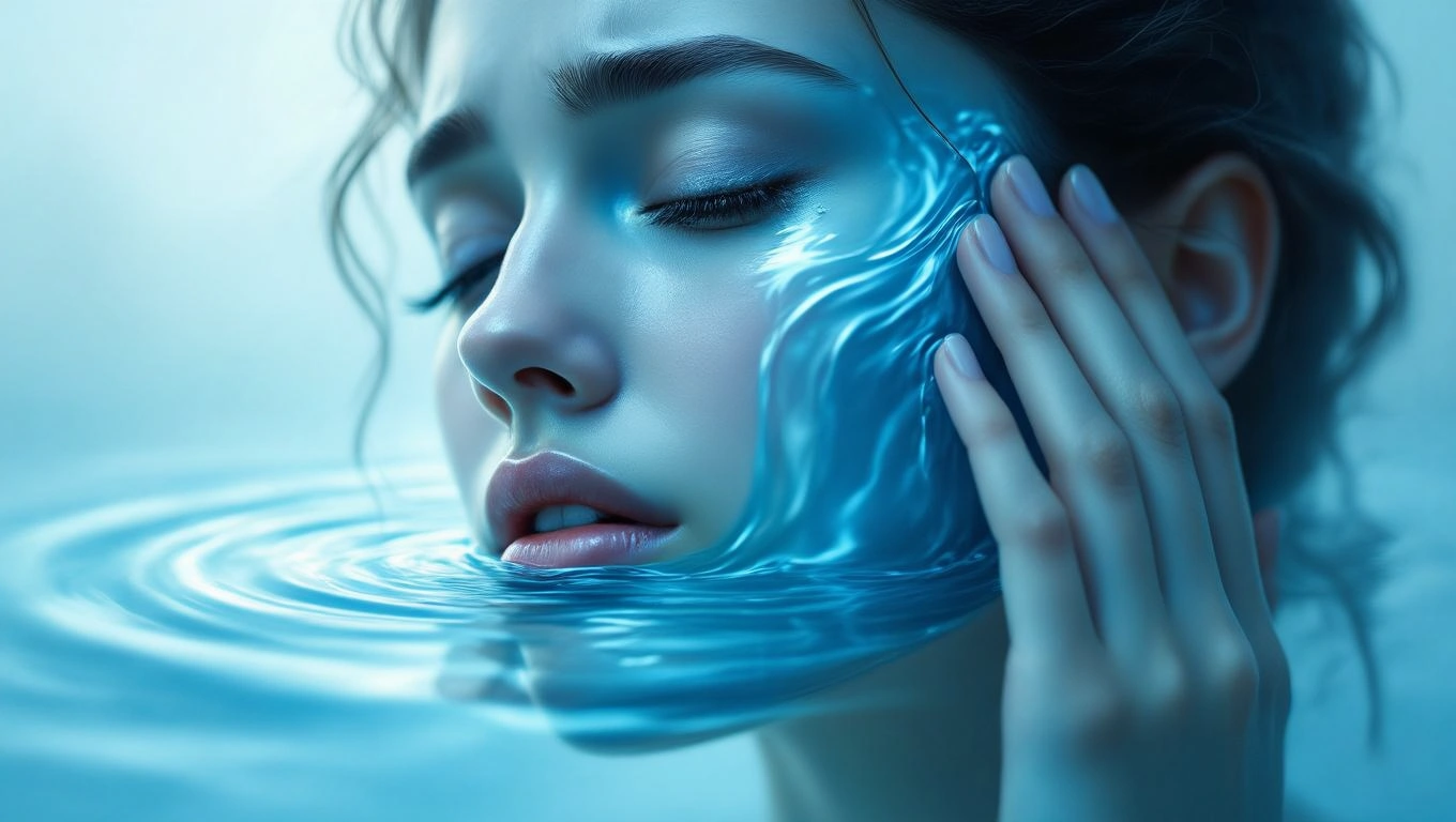 Mit jelent arcbőrrel álmodni? – Részletes álomfejtés és értelmezés Egy nő arca víz alatt, kezével érinti a bőrét, amely vízfolyásként jelenik meg.