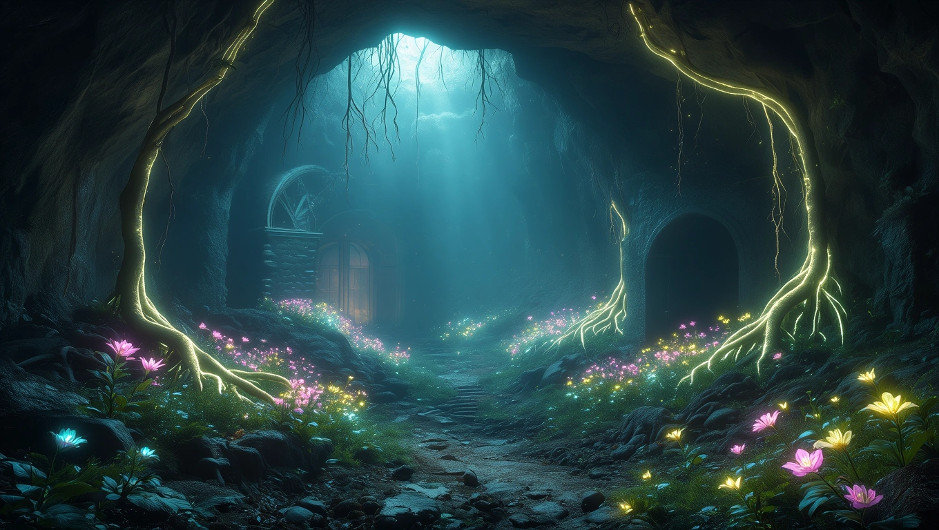 Mit jelent bányával álmodni? – Részletes álomfejtés és értelmezés Egy varázslatos bánya belseje, világító gyökerekkel és virágokkal.