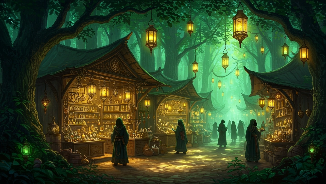 Mit jelent boltról álmodni? – Online álomfejtés és értelmezés Egy varázslatos bolt sor áll a sűrű erdőben, lámpások világítanak.