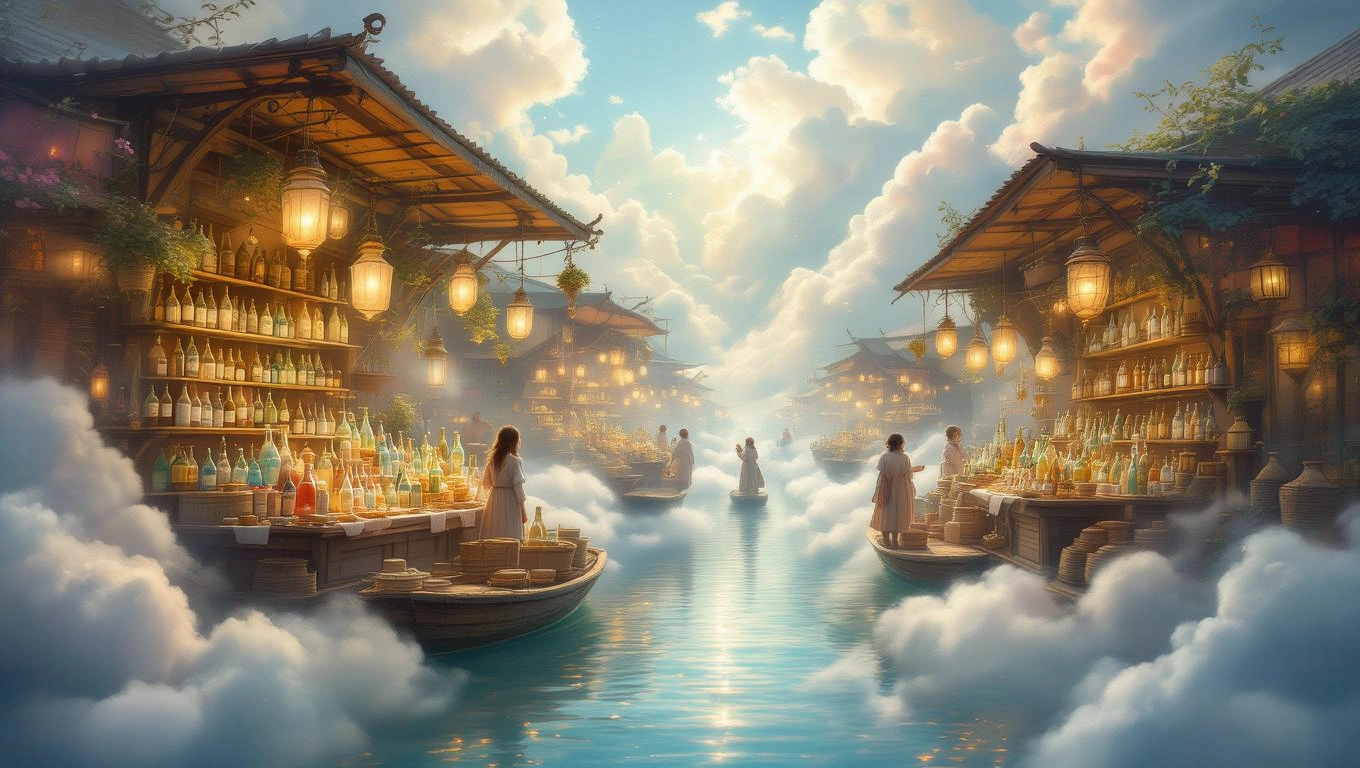 Mit jelent boltról álmodni? – Online álomfejtés és értelmezés Álomszerű bolt, amely vízen lebeg, tele színes üvegekkel és lámpásokkal.