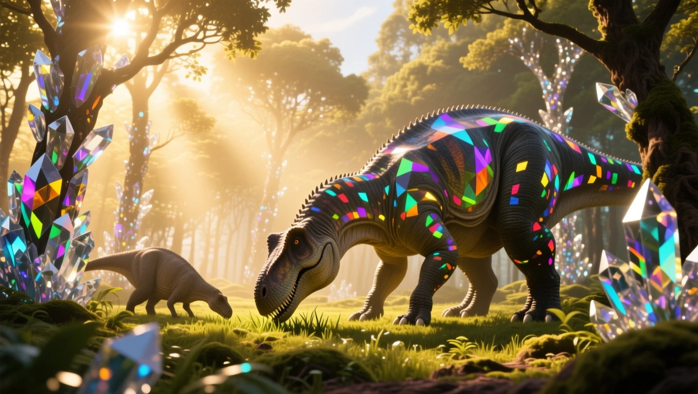 Két dinoszaurusz, színes kristályokkal díszítve, egy varázslatos erdőben.