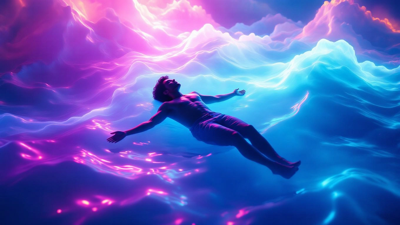 Mit jelent drogfüggővel álmodni? – Részletes álomfejtés és értelmezés Egy férfi lebeg a színes, hullámzó vízben, amely álomszerű hangulatot áraszt.