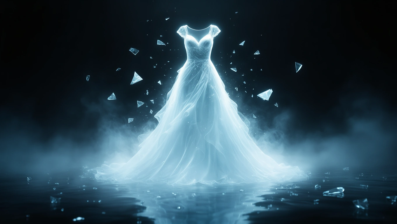 Mit jelent ruhákkal álmodni? – Részletes álomfejtés és értelmezés Egy lebegő, áttetsző esküvői ruha, körülötte csillogó üvegdarabok.