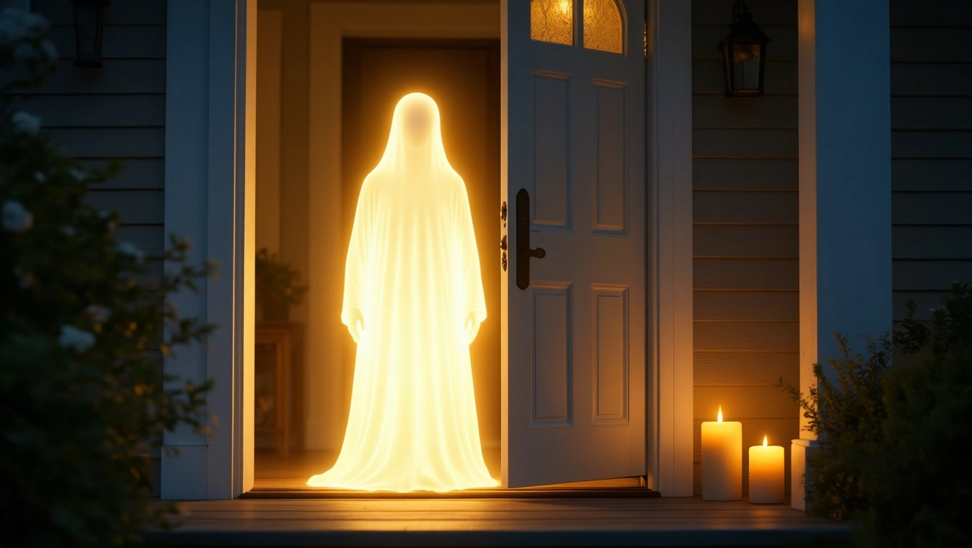 Mit jelent vendéggel álmodni? – Részletes álomfejtés és értelmezés Egy fénylő alak áll az ajtóban, ami álombeli vendéget szimbolizál.