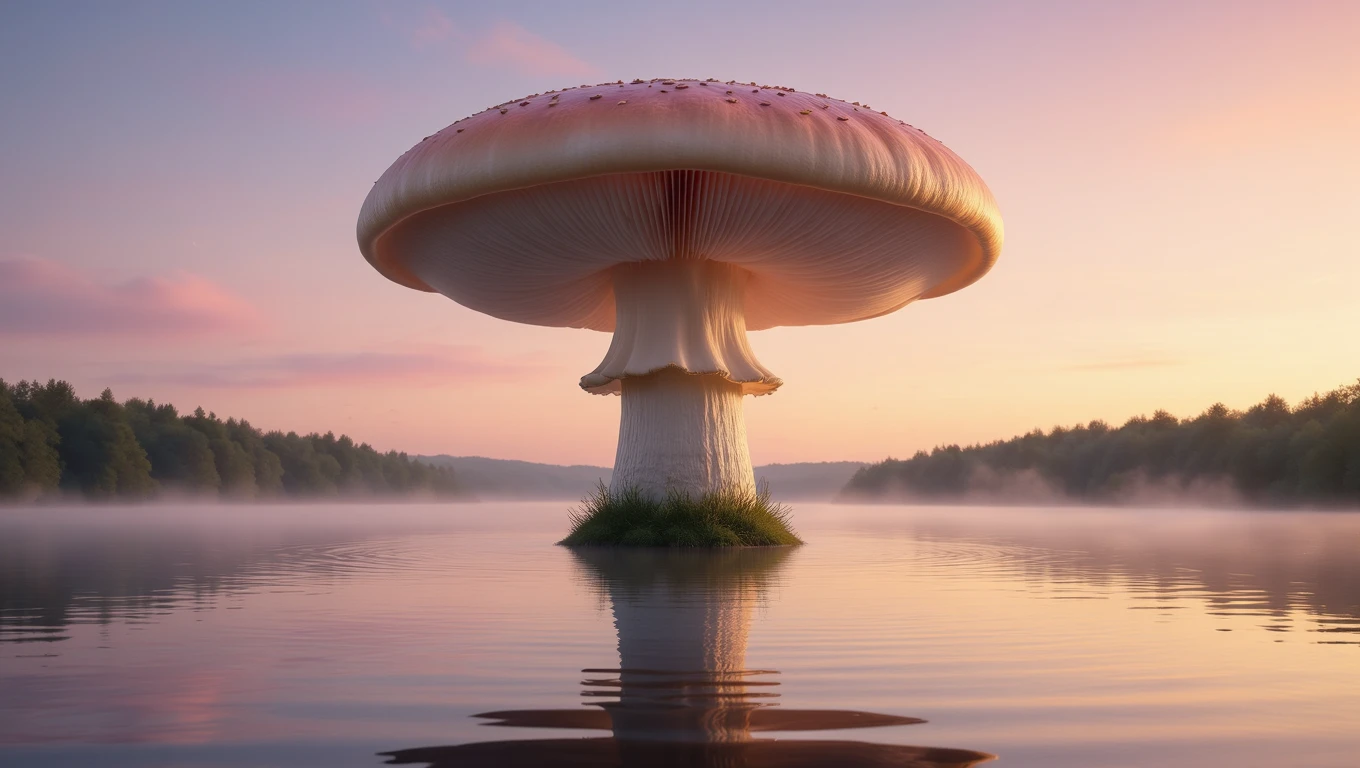 Mit jelent gombával álmodni? – Részletes álomfejtés és értelmezés Egy hatalmas gomba áll a víz tükrén, körülötte köd és erdő látható.