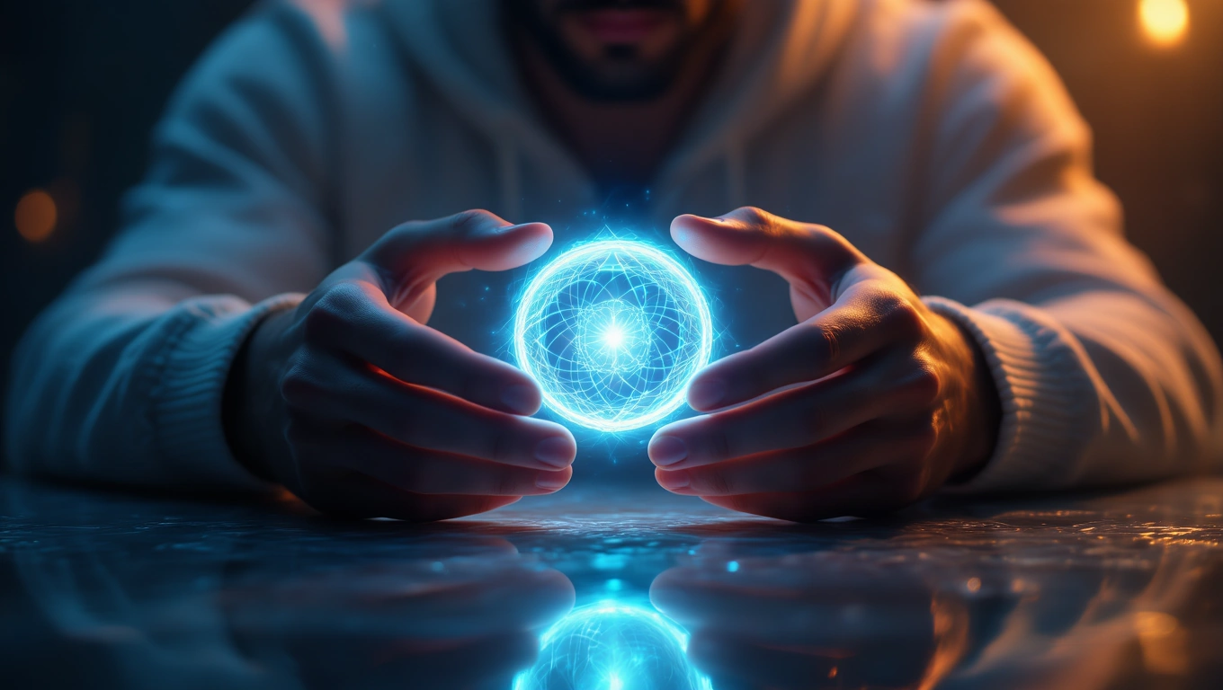 Mit jelent gyűrűvel álmodni? – Részletes álomfejtés és értelmezés Egy férfi kezében egy fénylő, kék energia gömb látható, amely szimbolizálhatja a gyűrűk jelentését.