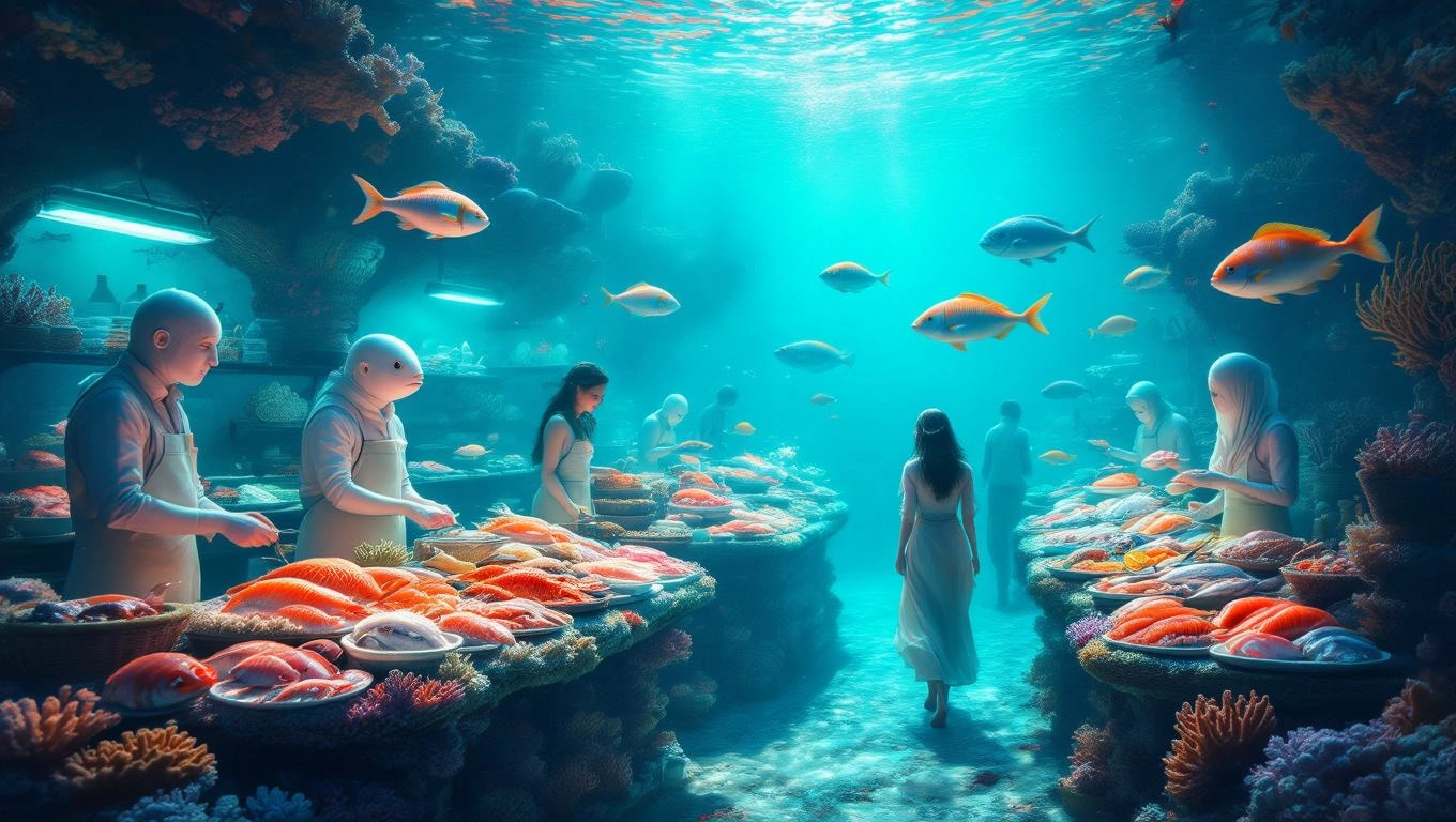 Mit jelent halpiacról álmodni? – Részletes álomfejtés és értelmezés Egy varázslatos halpiac, ahol emberek és halak együtt élnek az óceán mélyén.