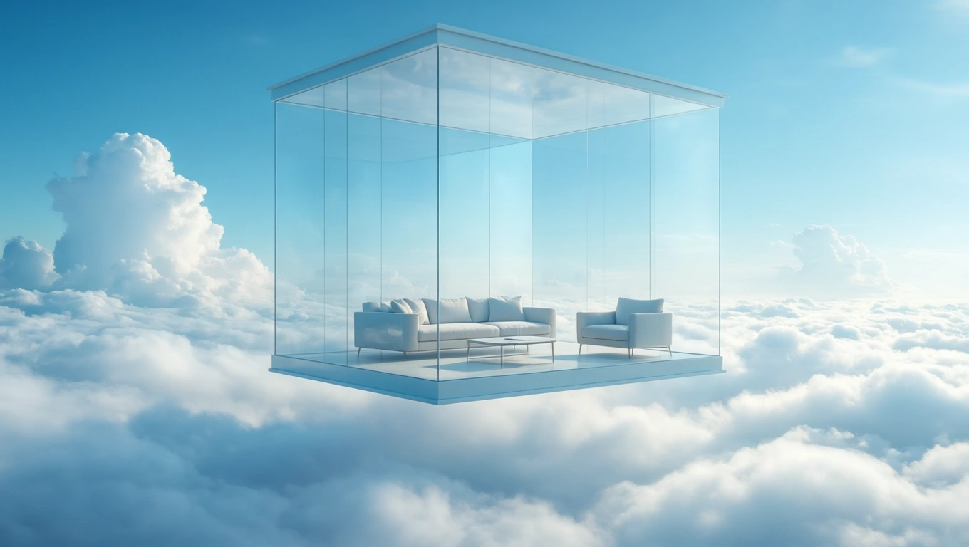 Üvegből készült nappali lebeg a felhők felett, világos és nyugodt légkörben.