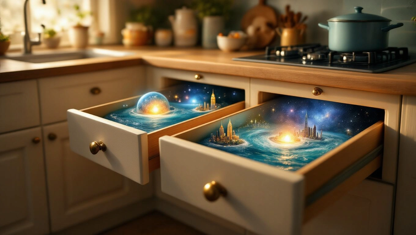 Mit jelent konyhabútorral álmodni? – Részletes álomfejtés és értelmezés Konyhabútor fiókjából kiemelkedő, csillagokkal teli univerzális táj.