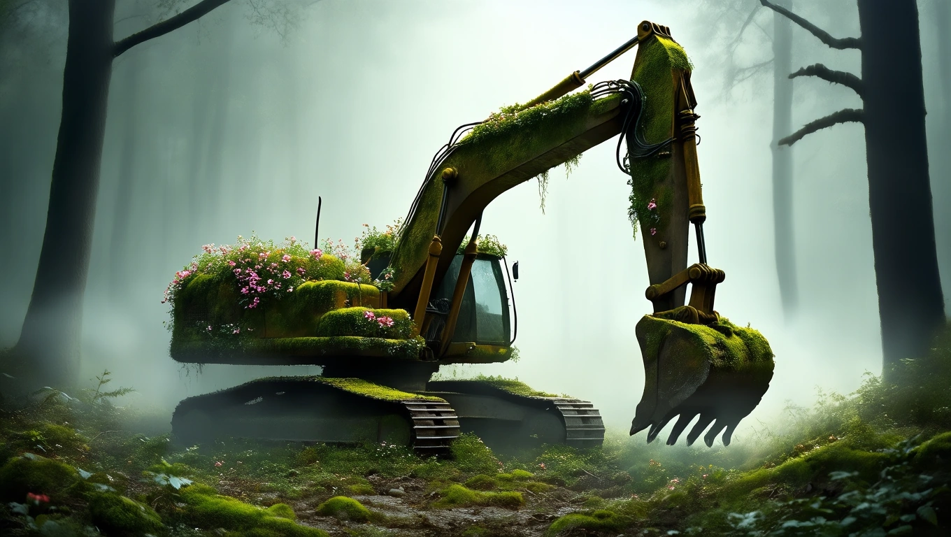 Mit jelent markológépről álmodni? – Részletes álomfejtés és értelmezés Egy markológép, amelyet virágok és moha borít, erdős környezetben.