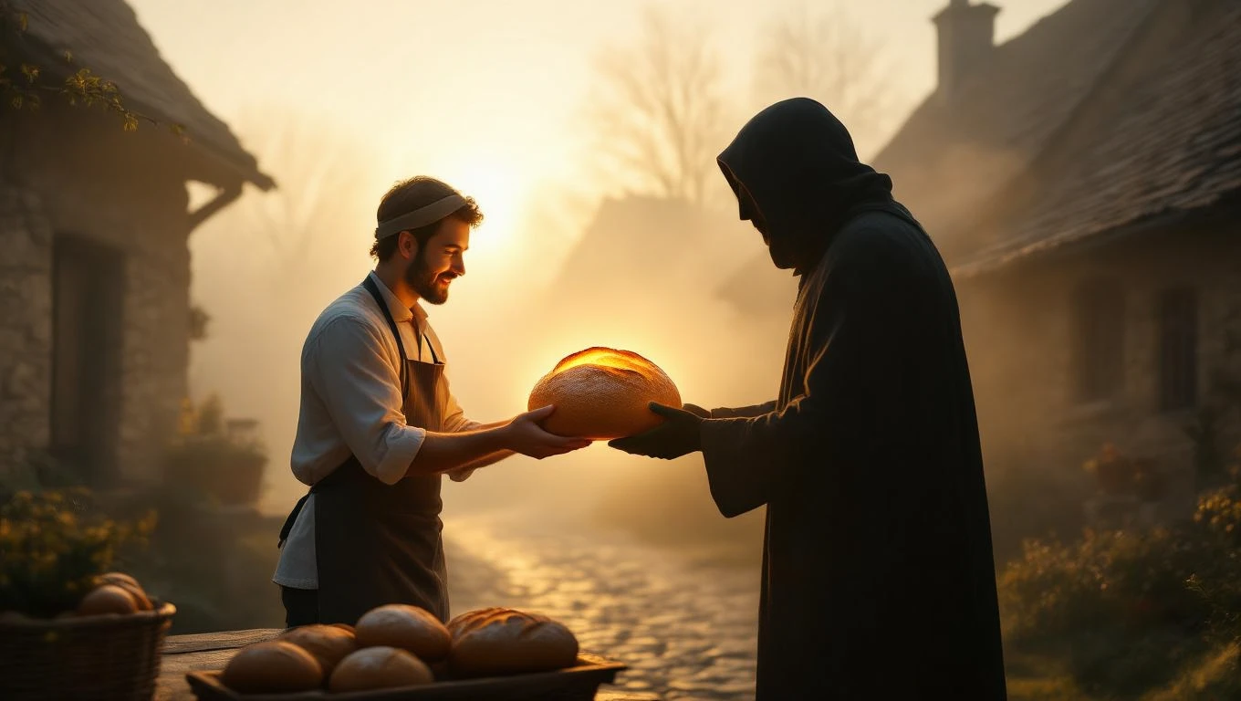 Mit jelent pékkel álmodni? – Részletes álomfejtés és értelmezés Egy pék friss kenyeret ad át egy titokzatos alaknak napfelkeltében.