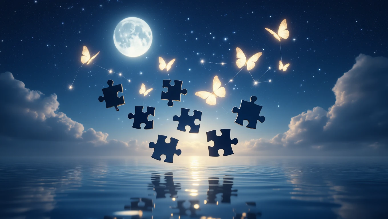 Mit jelent puzzlevel álmodni? – Részletes álomfejtés és értelmezés Egy éjszakai táj, ahol puzzle darabok és pillangók lebegnek a holdfényben.
