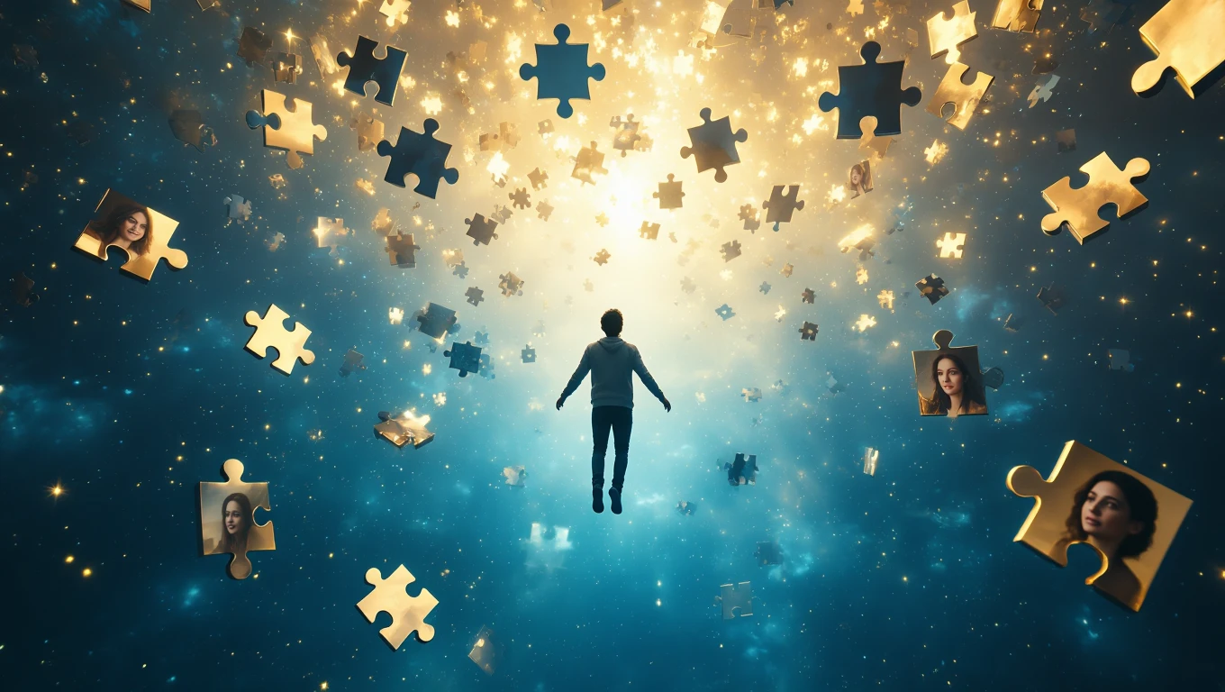 Egy ember lebeg a levegőben, körülötte puzzle darabok és fények.