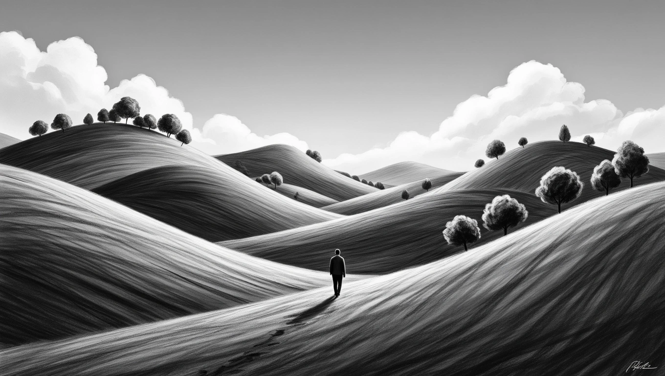 Mit jelent szénnel álmodni? – Részletes álomfejtés és értelmezés Egy ember sétál a hullámos dombok között, fák és felhők között.