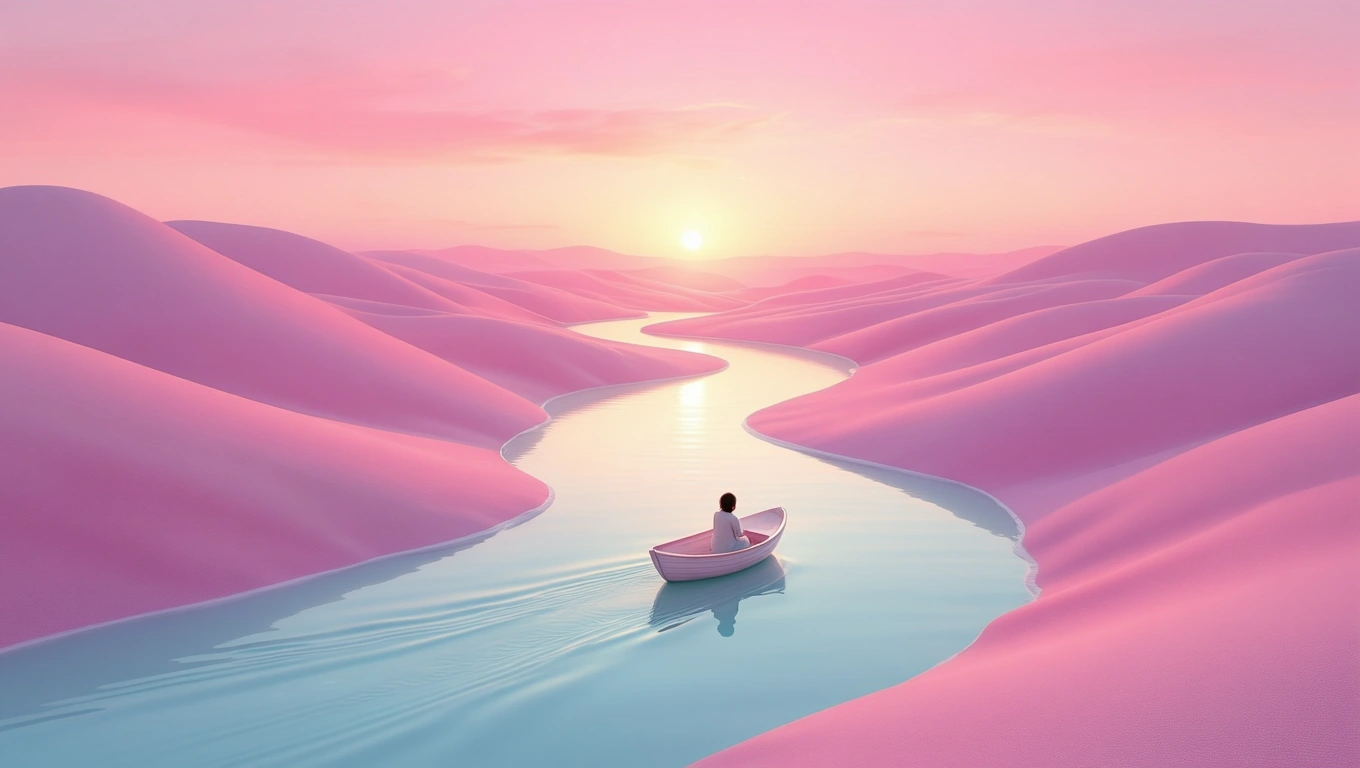 Mit jelent tejről álmodni? – Részletes álomfejtés és értelmezés Egy kis csónak úszik egy kanyargós vízfolyáson, rózsaszín dombok között.