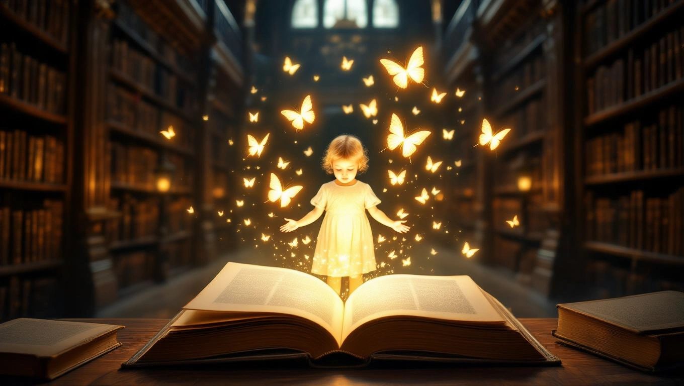 Mit jelent unokákkal álmodni? – Részletes álomfejtés és értelmezés Egy kislány áll egy nyitott könyv felett, körülötte fénylő pillangók repkednek.