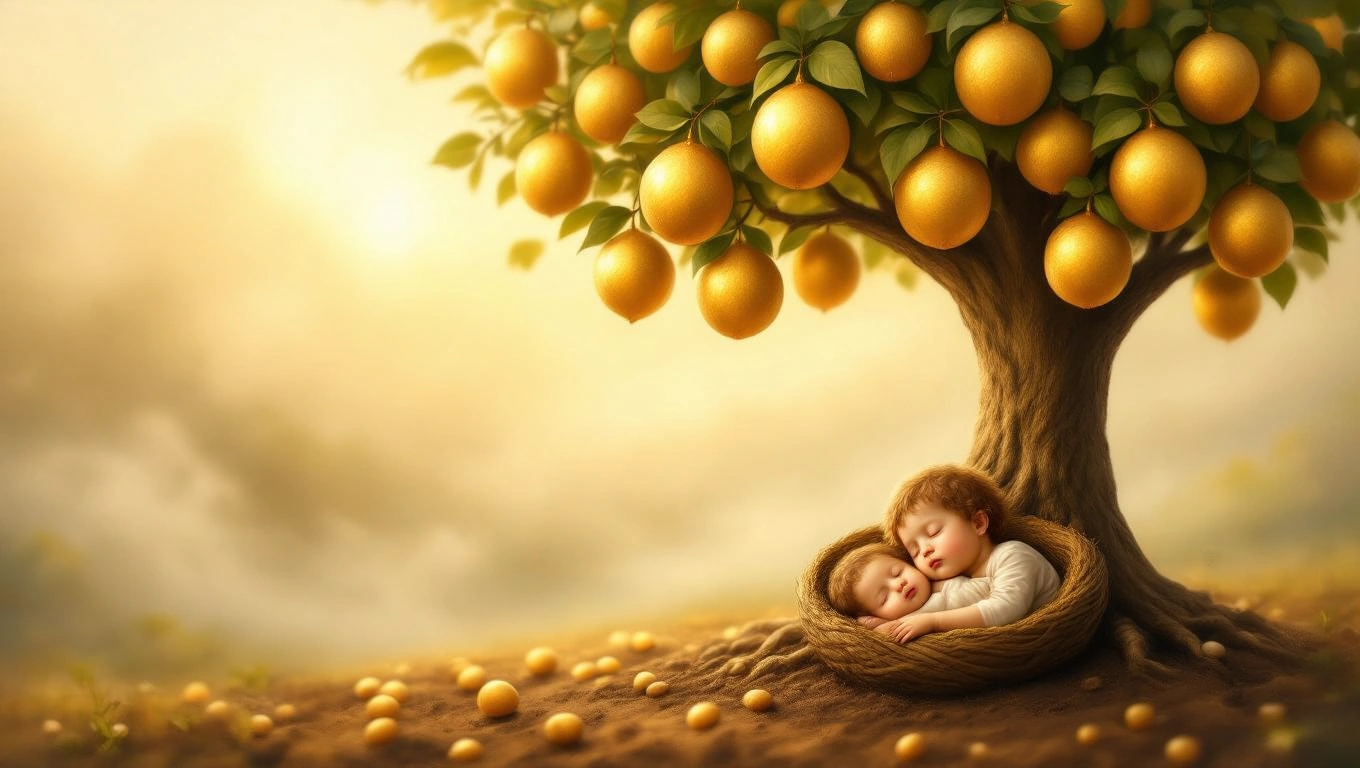 Mit jelent unokákkal álmodni? – Részletes álomfejtés és értelmezés Két kisgyermek alszik egy fészekben, citromfák alatt, napfényben.