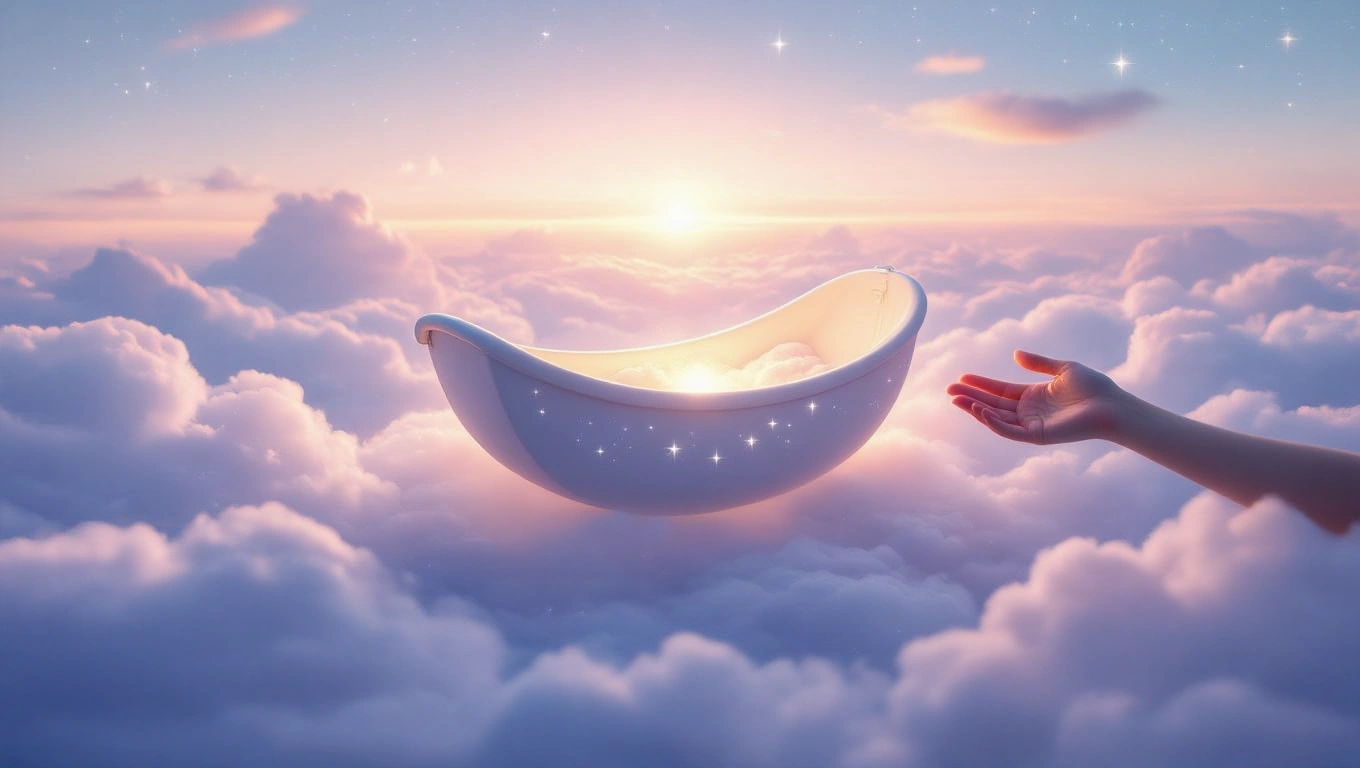 Mit jelent unokákkal álmodni? – Részletes álomfejtés és értelmezés Egy kéz nyúlik egy csillogó, fehér felhőkből készült edény felé a napfelkeltében.