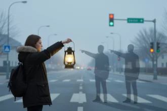 Egy nő lámpással áll egy ködös útkereszteződésnél, mögötte szellemszerű alakokkal.