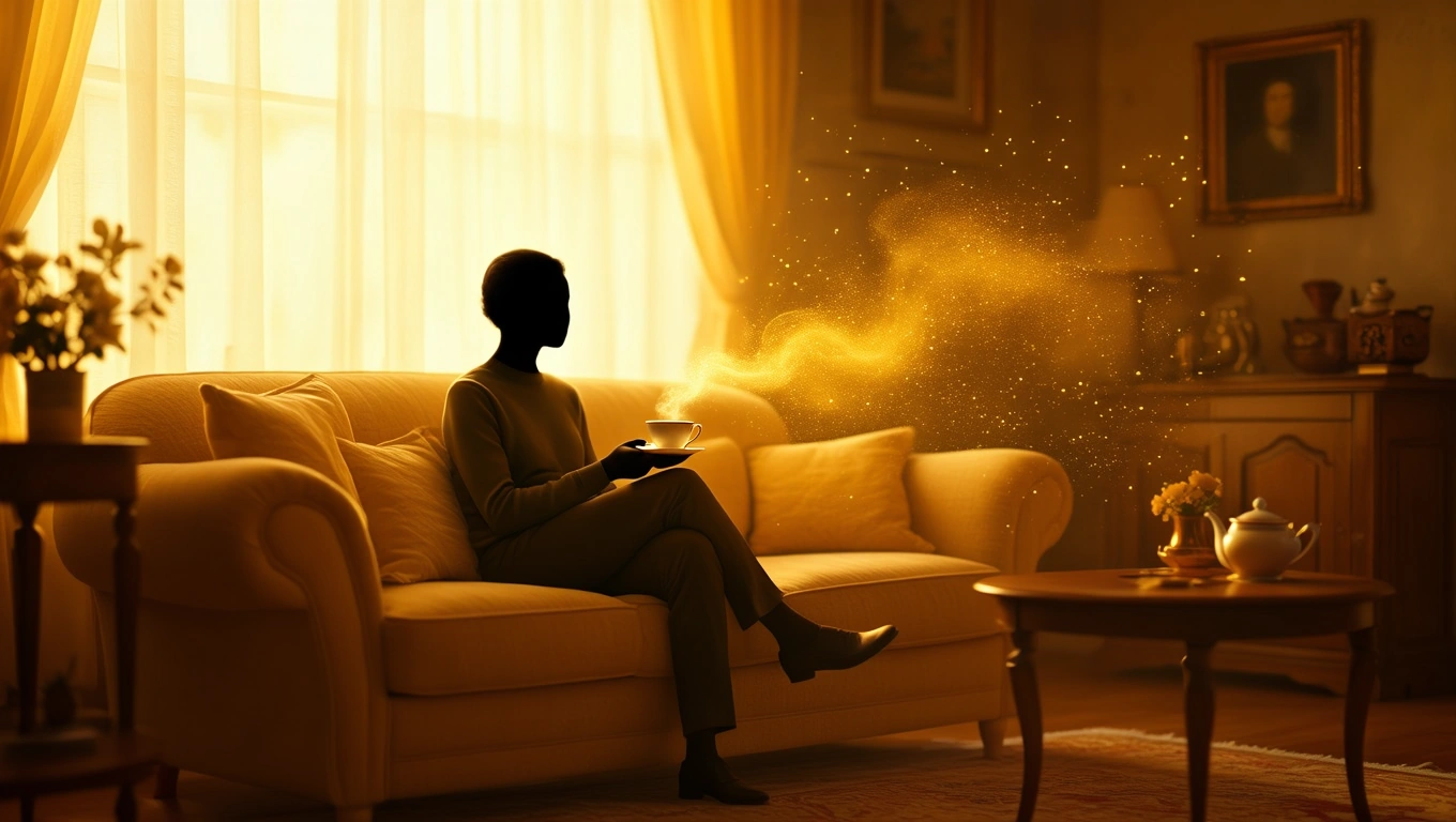Egy ember ül a kanapén, kezében egy csésze gőzölgő ital, körülötte meleg fények.